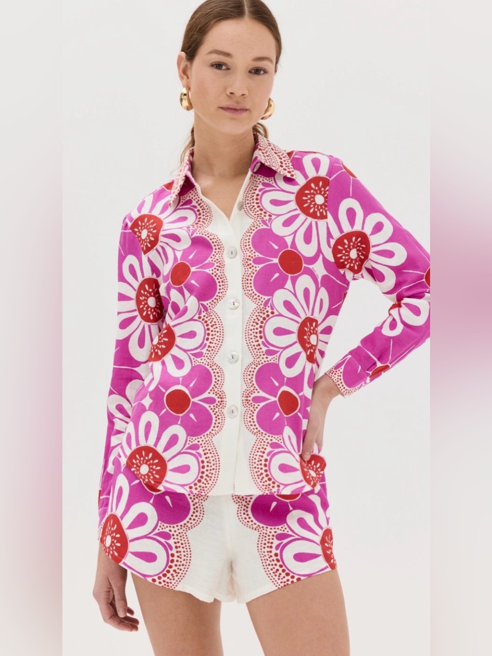 Farm Rio Maia Off White Shirt Short Set Pink Fuchsia Resort Size Medium
